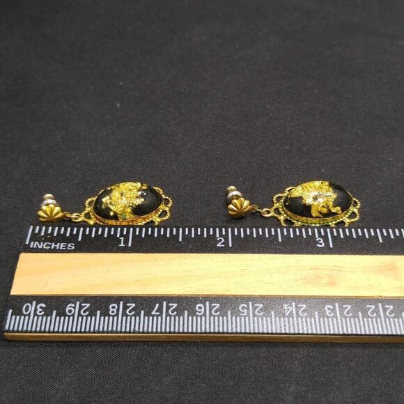 Vintage Gold Foil Lucite Post Earrings, Filigree Frames, Clear Lucite, 1 1/2 In - Picture 8 of 12